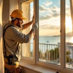Un artisan installe une fenêtre double vitrage dans un appartement en bord de mer, debout près d'un balcon avec vue sur l'océan, outils visibles, lumière chaude du coucher de soleil traversant la pièce et textures détaillées.