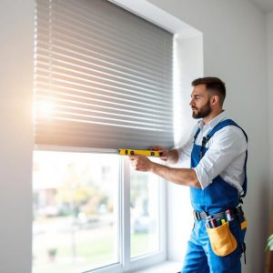 Technicien en uniforme bleu mesure l'ouverture d'une fenêtre pour un volet roulant sur mesure, tenant un mètre ruban et un niveau à bulle, intérieur moderne lumineux avec sol en bois, lumière naturelle traversant la pièce.