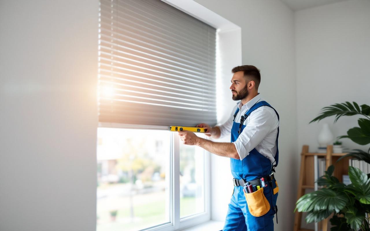 Technicien en uniforme bleu mesure l'ouverture d'une fenêtre pour un volet roulant sur mesure, tenant un mètre ruban et un niveau à bulle, intérieur moderne lumineux avec sol en bois, lumière naturelle traversant la pièce.