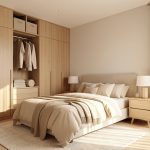 Aménagement chambre adulte : 7 éléments pour un espace harmonieux Chambre adulte lumineuse et harmonieuse avec rangements intégrés, textiles beiges, bois clair et décoration contemporaine.