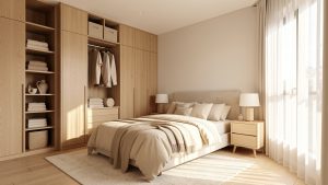 Chambre adulte lumineuse et harmonieuse avec rangements intégrés, textiles beiges, bois clair et décoration contemporaine.