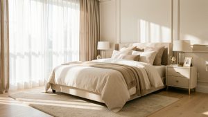 Chambre adulte élégante et lumineuse, ambiance apaisante, mobilier harmonieux et textiles doux, baignée de lumière naturelle.