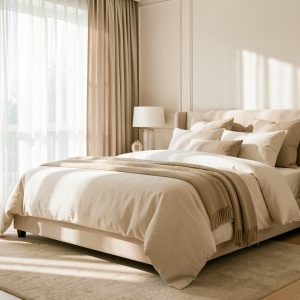 Chambre adulte élégante et lumineuse, ambiance apaisante, mobilier harmonieux et textiles doux, baignée de lumière naturelle.