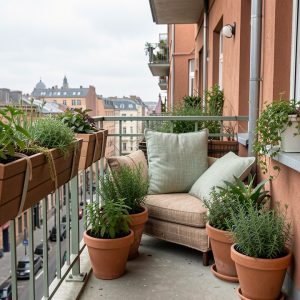 Balcon étroit décoré avec des jardinières fixées, des plantes en pots et des coussins attachés pour résister au vent.