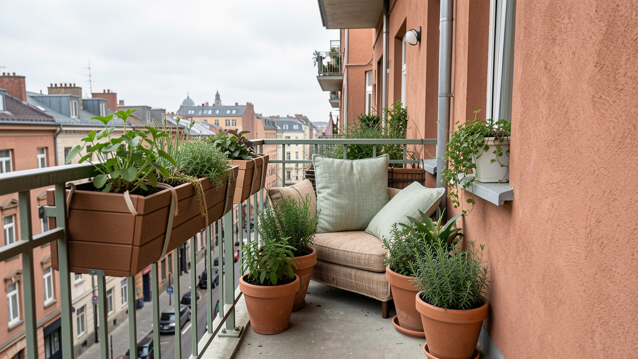 Balcon étroit décoré avec des jardinières fixées, des plantes en pots et des coussins attachés pour résister au vent.