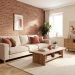 Quelles 4 couleurs tendance choisir pour réveiller votre intérieur en rénovation ? Salon rénové lumineux avec un mur d’accent rouge brique, un canapé beige, un parquet en chêne clair et une décoration contemporaine chaleureuse.