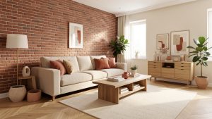 Salon rénové lumineux avec un mur d’accent rouge brique, un canapé beige, un parquet en chêne clair et une décoration contemporaine chaleureuse.