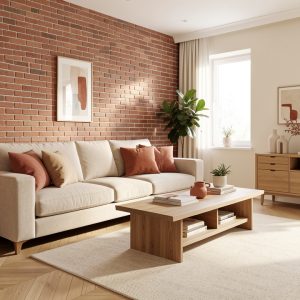 Salon rénové lumineux avec un mur d’accent rouge brique, un canapé beige, un parquet en chêne clair et une décoration contemporaine chaleureuse.