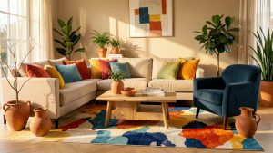 Salon chaleureux aux murs beiges et aux meubles en bois, rehaussé de coussins colorés, d’un tapis vif, de céramiques terracotta, de plantes vertes et d’un fauteuil bleu profond.