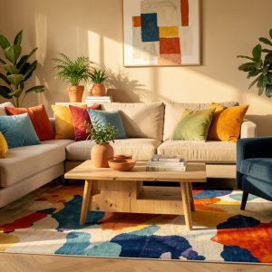 Salon chaleureux aux murs beiges et aux meubles en bois, rehaussé de coussins colorés, d’un tapis vif, de céramiques terracotta, de plantes vertes et d’un fauteuil bleu profond.