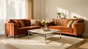 Salon lumineux et chaleureux avec canapé en velours terracotta, table basse à piètement chromé, tapis en laine écrue et meuble en noyer, baigné par une douce lumière de fin d’après-midi.