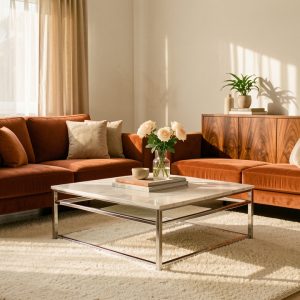 Salon lumineux et chaleureux avec canapé en velours terracotta, table basse à piètement chromé, tapis en laine écrue et meuble en noyer, baigné par une douce lumière de fin d’après-midi.