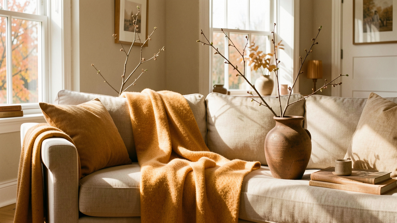 Salon lumineux décoré pour l’automne, avec un canapé beige, un plaid en laine ocre, un vase en grès brun et quelques branchages.