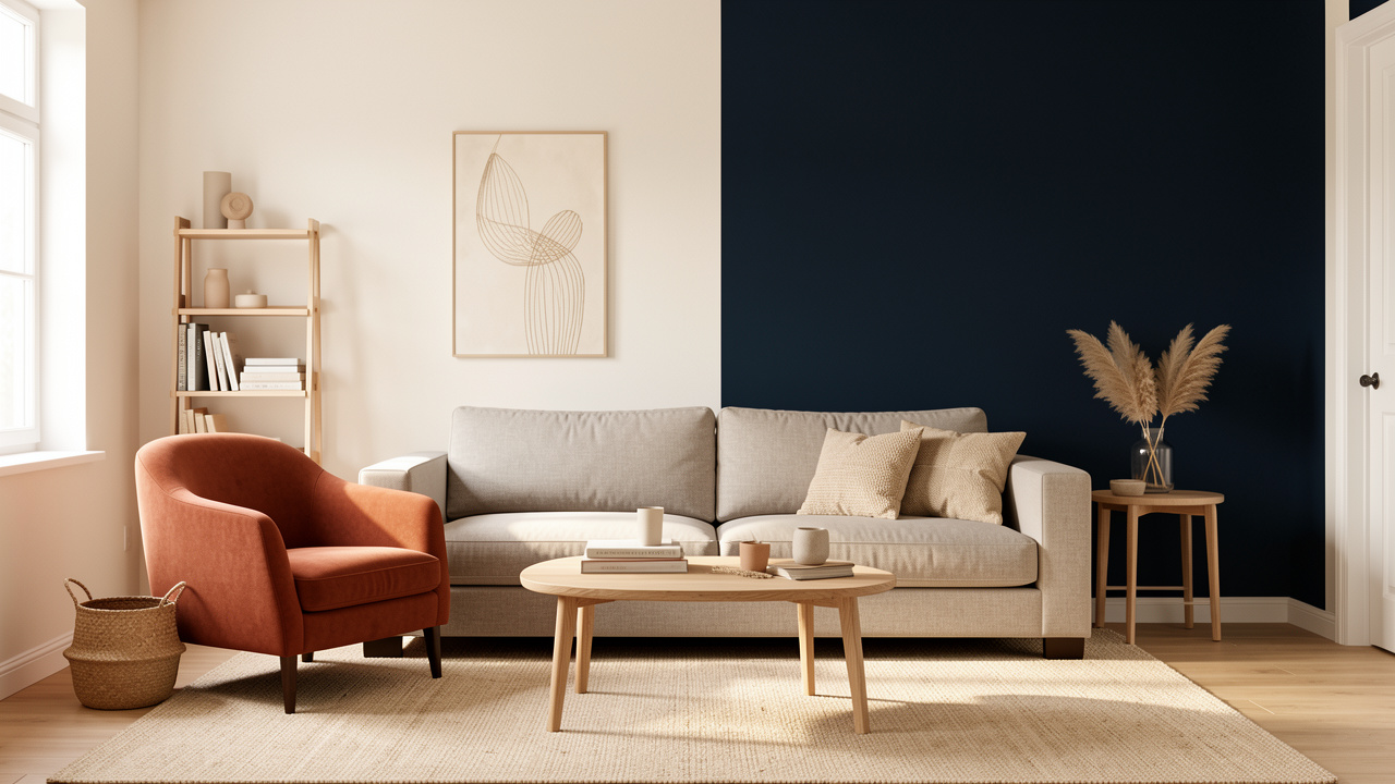 Salon lumineux et chaleureux avec murs blanc cassé, canapé greige, fauteuil terracotta et mur d’accent bleu nuit, éclairé par une lumière naturelle latérale.