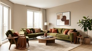 Salon lumineux modernisé avec des murs beige grège, des éléments vert olive, des coussins terre cuite et des détails brun cacao dans un style éditorial réaliste.