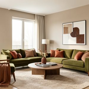 Salon lumineux modernisé avec des murs beige grège, des éléments vert olive, des coussins terre cuite et des détails brun cacao dans un style éditorial réaliste.