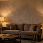 Salon sombre et chaleureux en début de soirée, avec murs blanc cassé à finition velours, canapé beige et lampadaire diffusant une lumière ambrée.