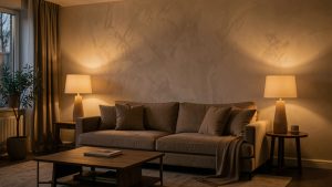 Salon sombre et chaleureux en début de soirée, avec murs blanc cassé à finition velours, canapé beige et lampadaire diffusant une lumière ambrée.