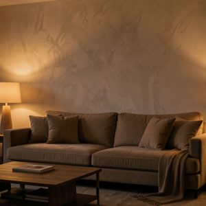 Salon sombre et chaleureux en début de soirée, avec murs blanc cassé à finition velours, canapé beige et lampadaire diffusant une lumière ambrée.