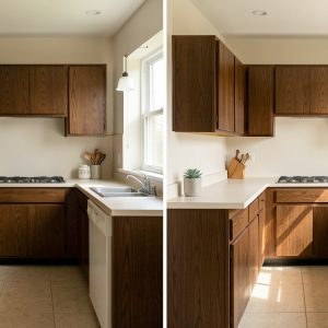 Cuisine des années 70 présentée avant et après rénovation, avec meubles en bois foncé conservés, murs blanc cassé, crédence claire et lumière naturelle abondante.