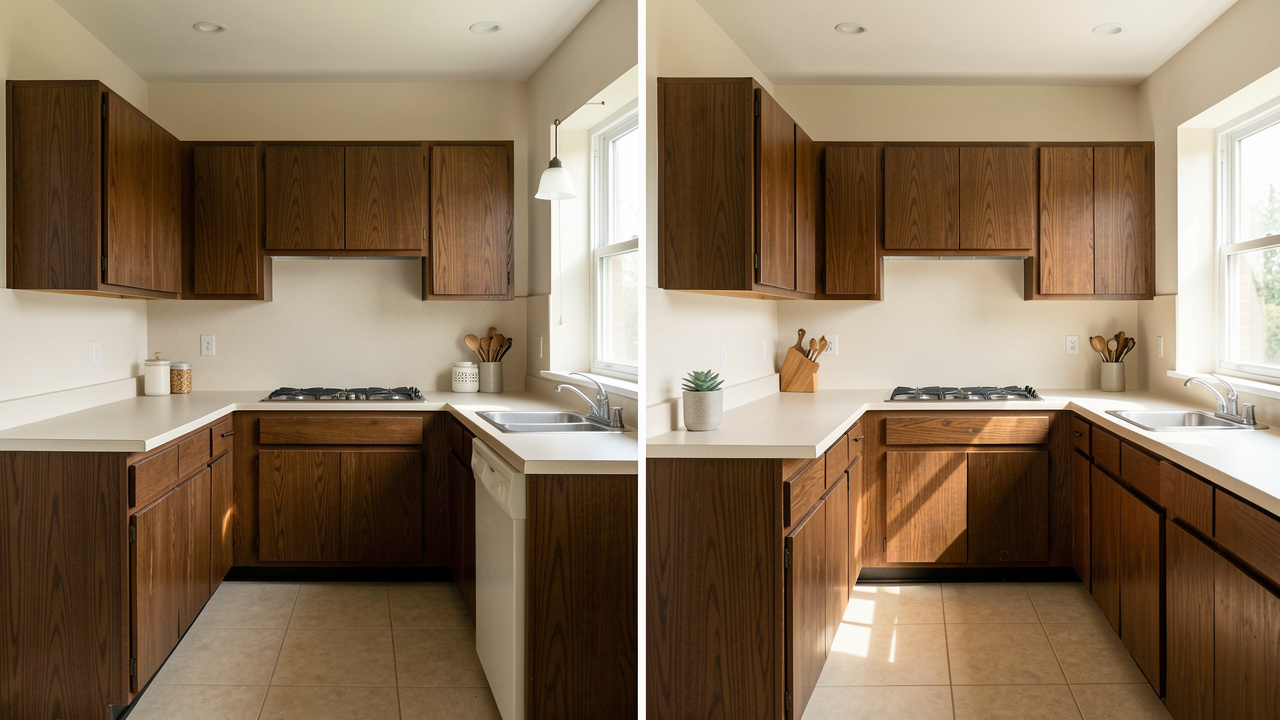 Cuisine des années 70 présentée avant et après rénovation, avec meubles en bois foncé conservés, murs blanc cassé, crédence claire et lumière naturelle abondante.