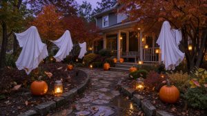 Jardin de maison au crépuscule décoré pour Halloween avec des fantômes en draps blancs, des citrouilles lumineuses, des lanternes en bocaux et du feuillage d’automne.