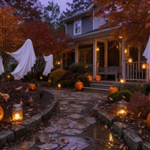 Jardin de maison au crépuscule décoré pour Halloween avec des fantômes en draps blancs, des citrouilles lumineuses, des lanternes en bocaux et du feuillage d’automne.