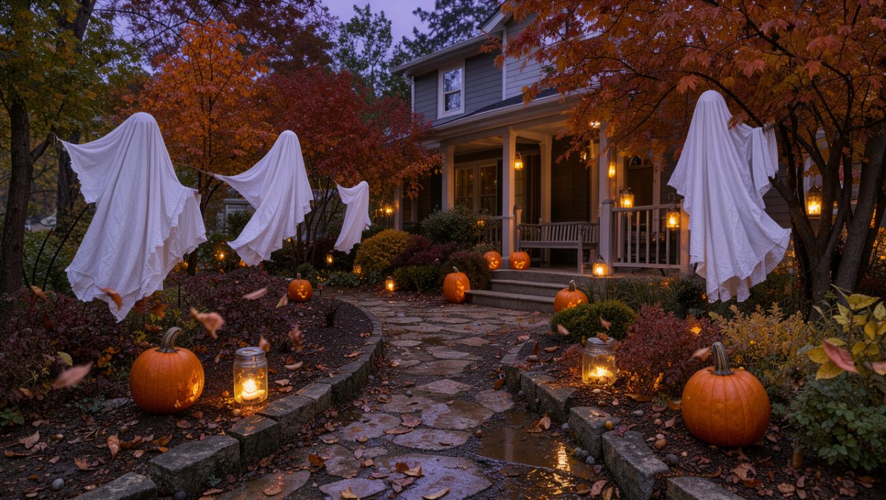 Jardin de maison au crépuscule décoré pour Halloween avec des fantômes en draps blancs, des citrouilles lumineuses, des lanternes en bocaux et du feuillage d’automne.