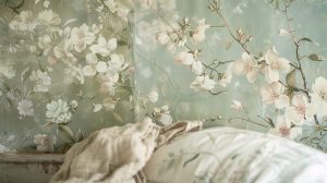 Chambre adulte apaisante avec un papier peint aux teintes douces derrière le lit