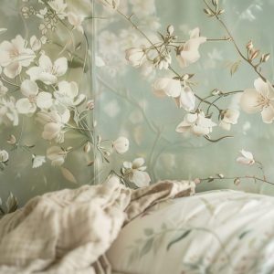 Chambre adulte apaisante avec un papier peint aux teintes douces derrière le lit