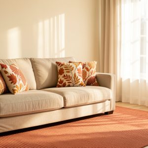 Salon lumineux aux murs écrus, avec un canapé en lin beige, des coussins aux motifs de feuillages automnaux et un tapis à fines rayures terre cuite, baigné par une douce lumière de fin d’après-midi.